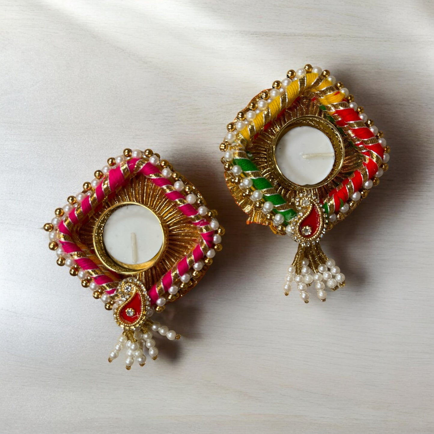 Colorful double layer square tealight holder pair