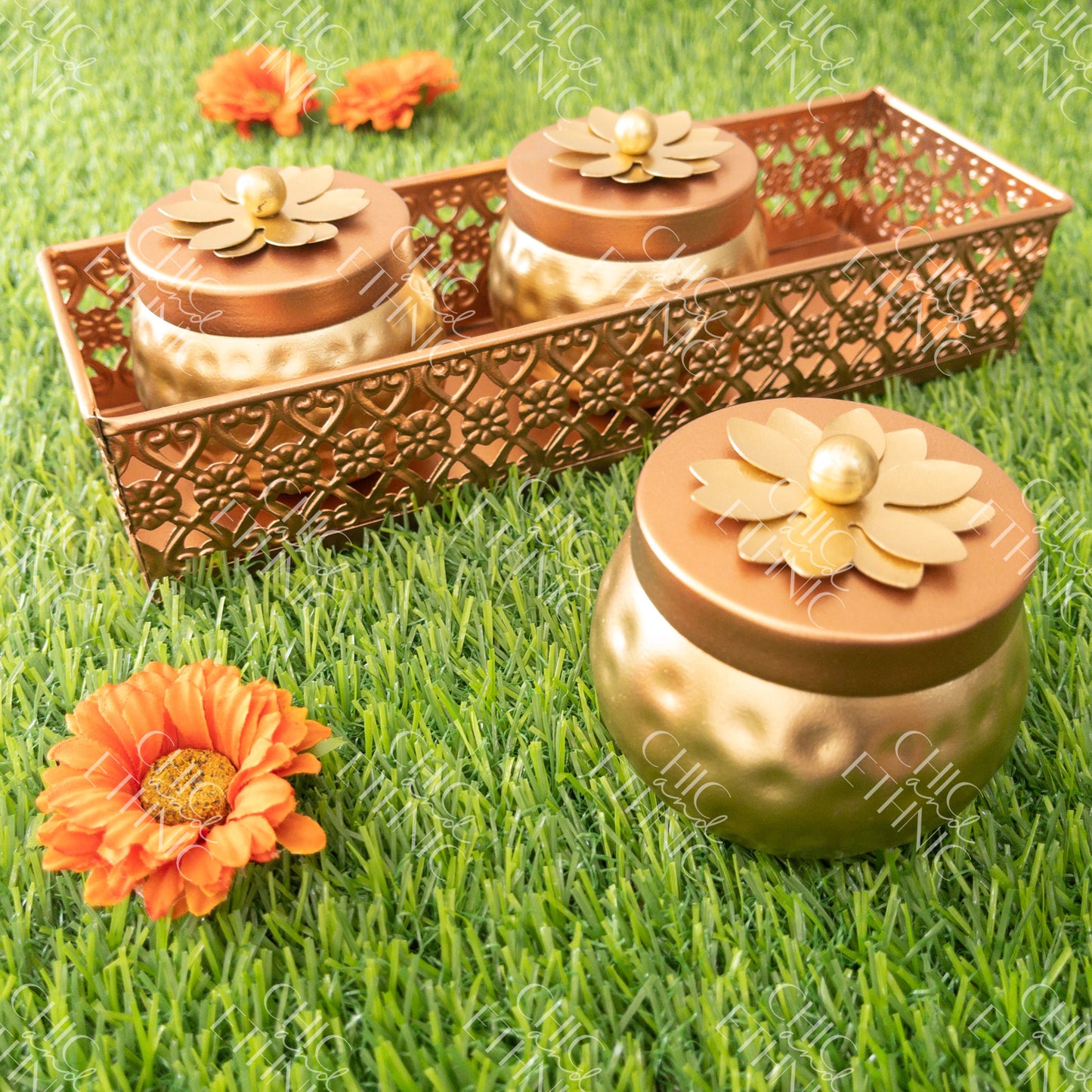 Three Containers & Rectangular Copper Tray Set