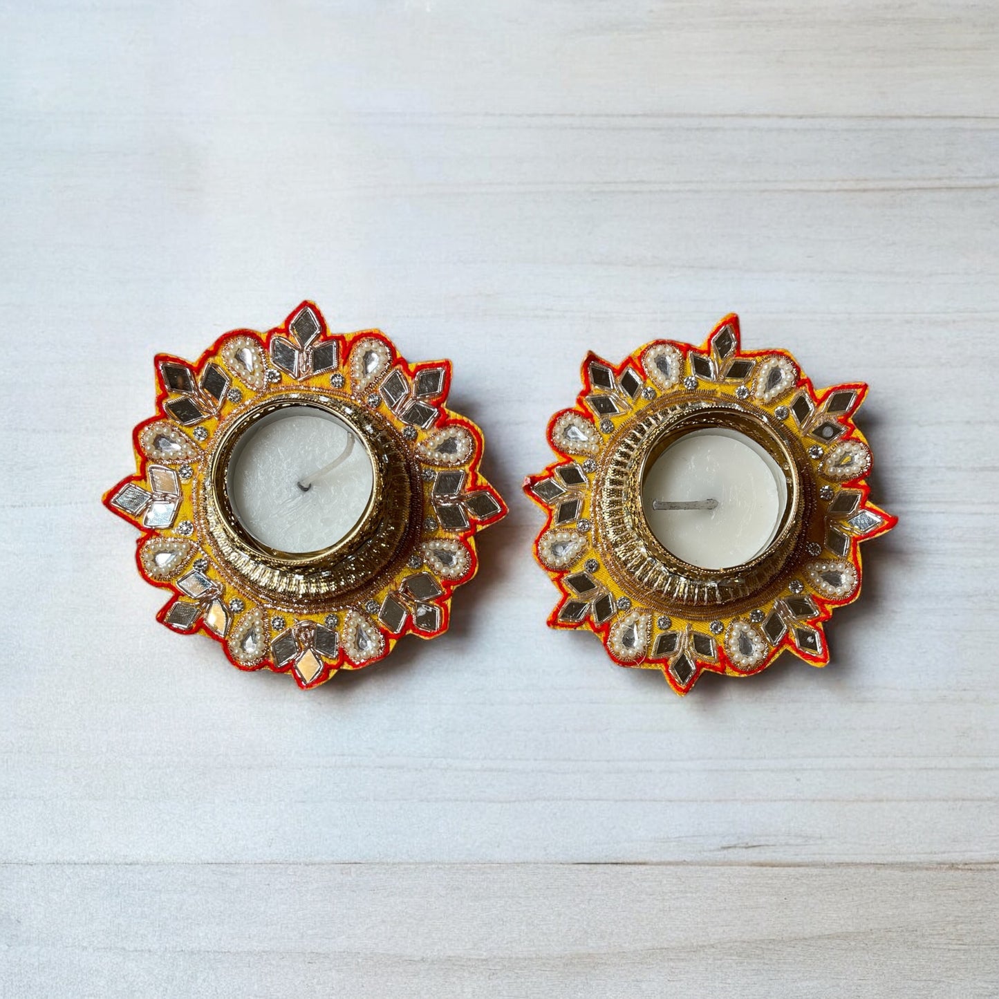 Traditional mirror work tealight holder pair