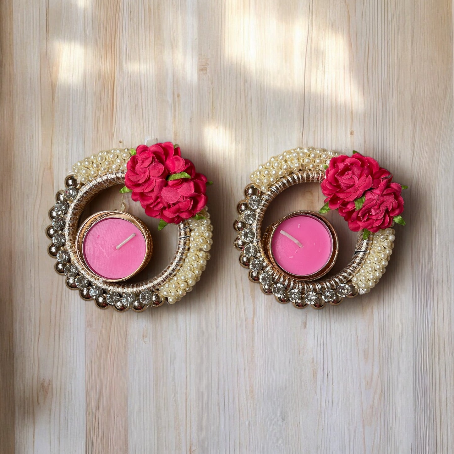 Flower and pearl ring tealight holder pair