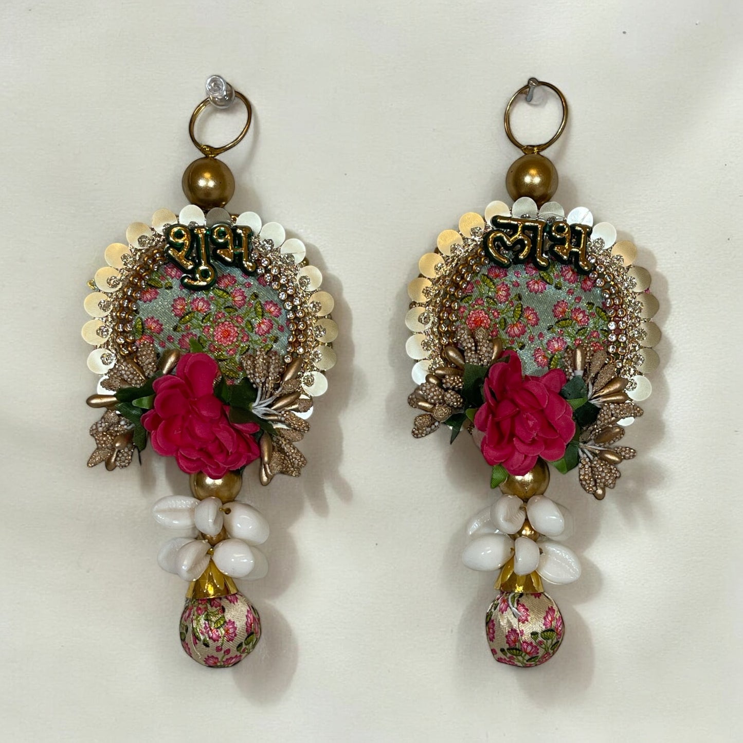 Lotus print and shell shubh and labh side hanging pair