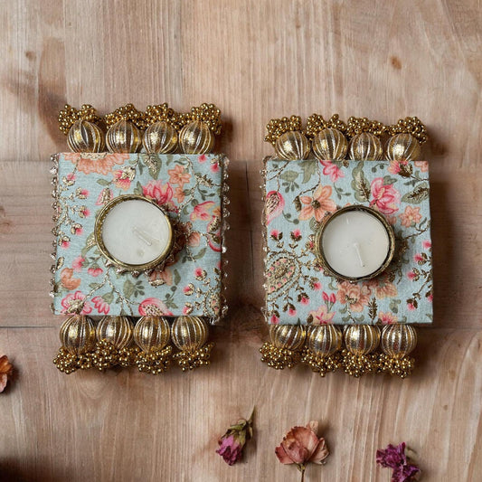 Colorful double layer square tealight holder pair