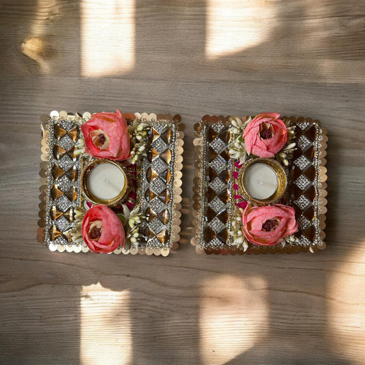 Small peach flower and crystal rectangular tealight holder pair