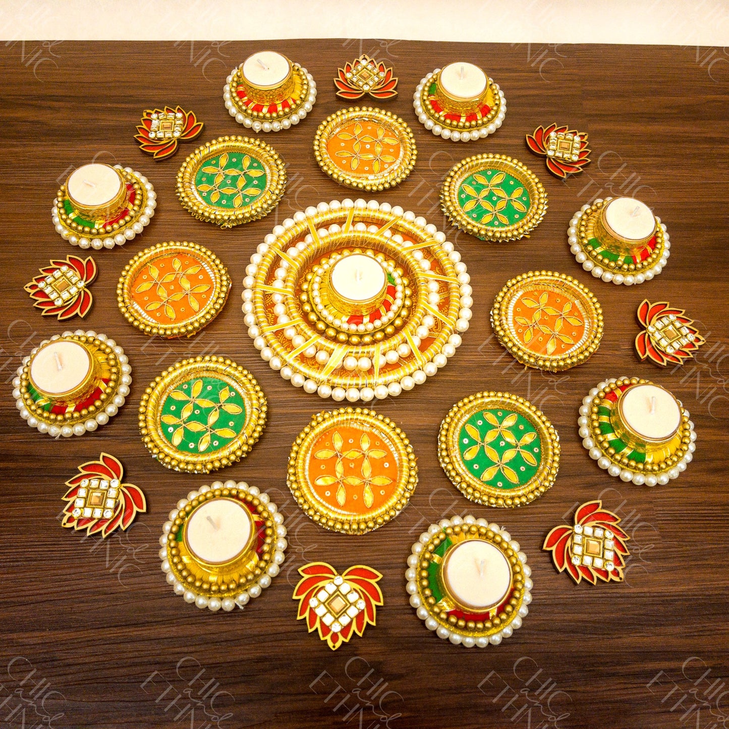 Twenty-five Piece Gota Pati & Lotus Tealight Holder Rangoli