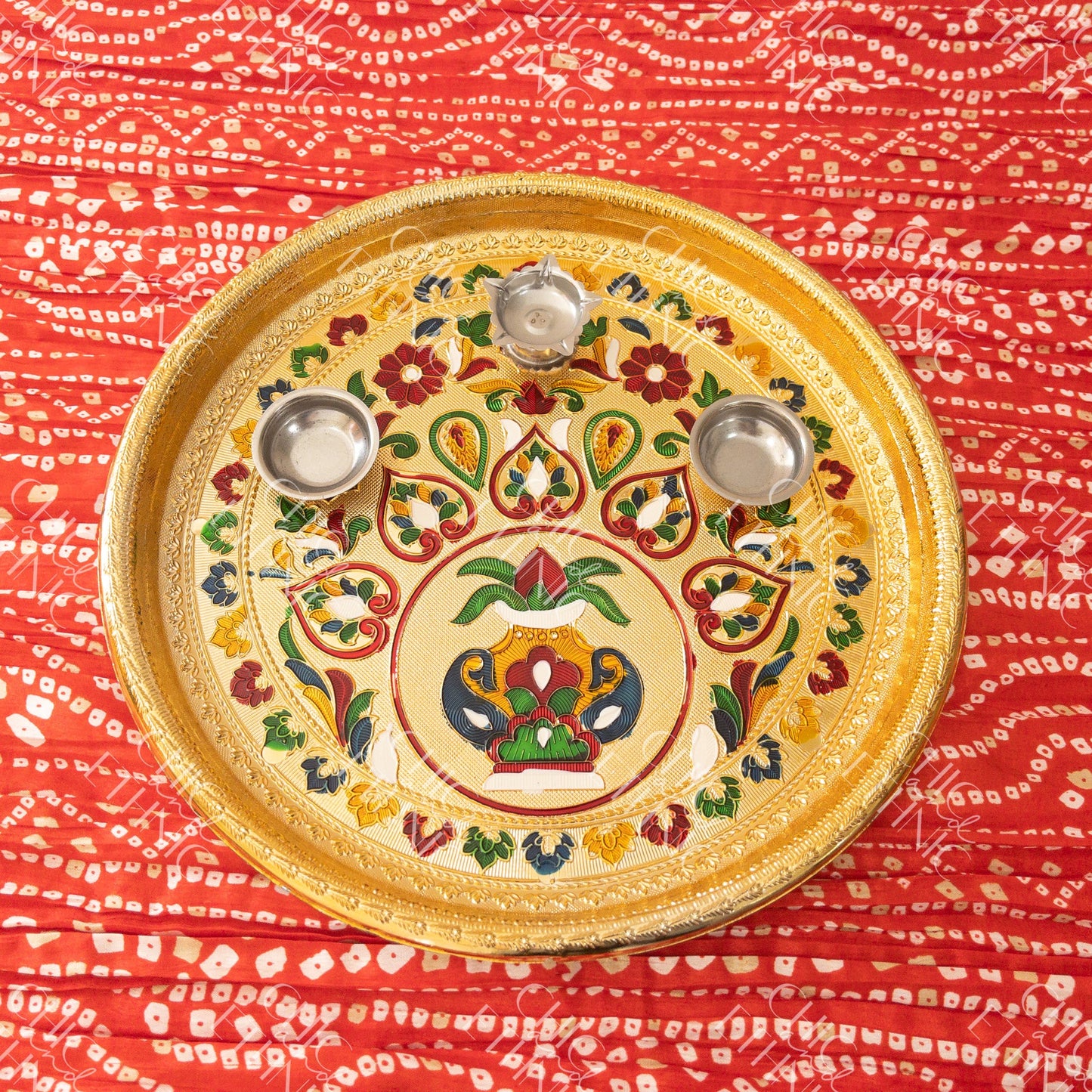 Golden Minakari Pooja Thali - Eleven Inch