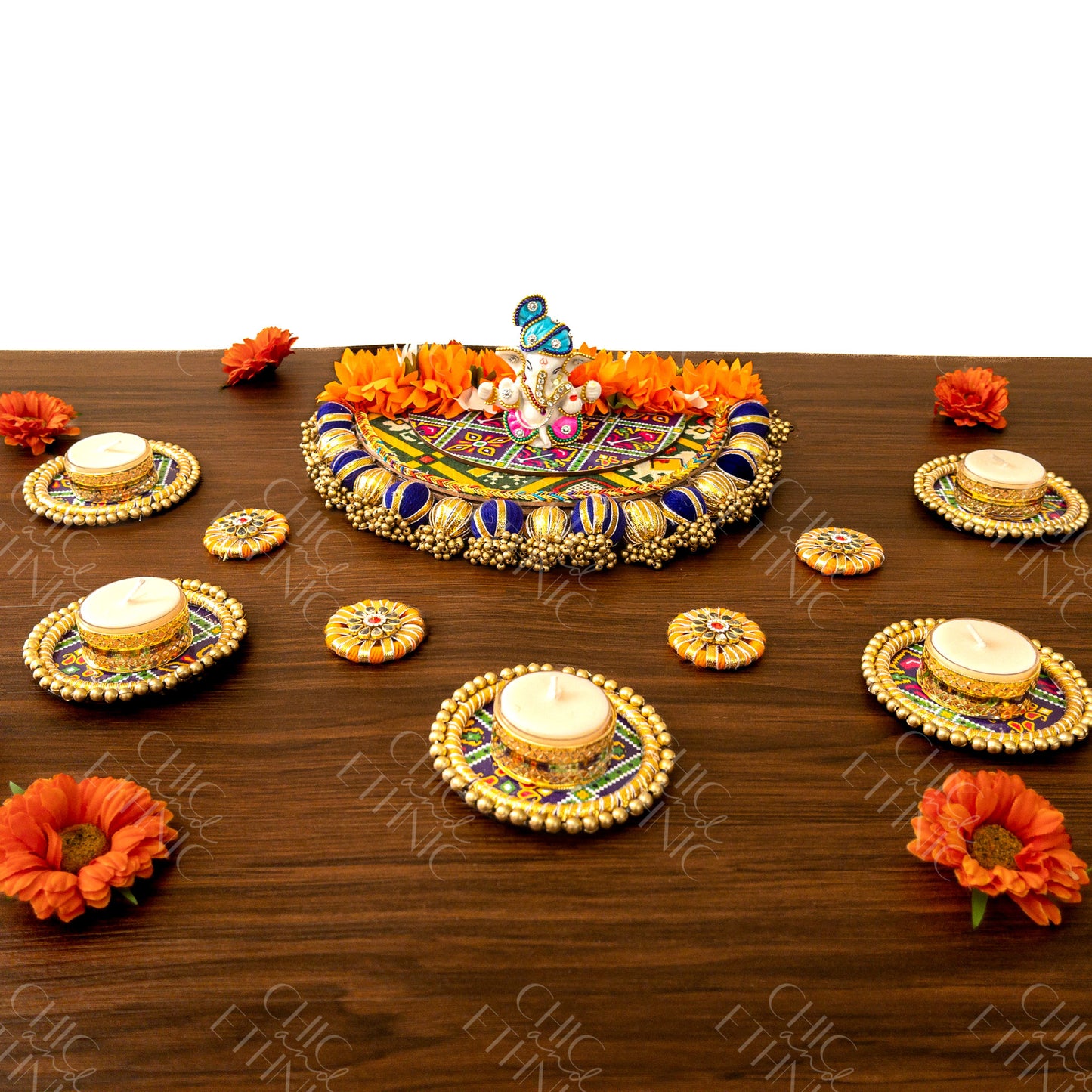 Patola Print Asan With Ganpati & Matching Tealight Holders