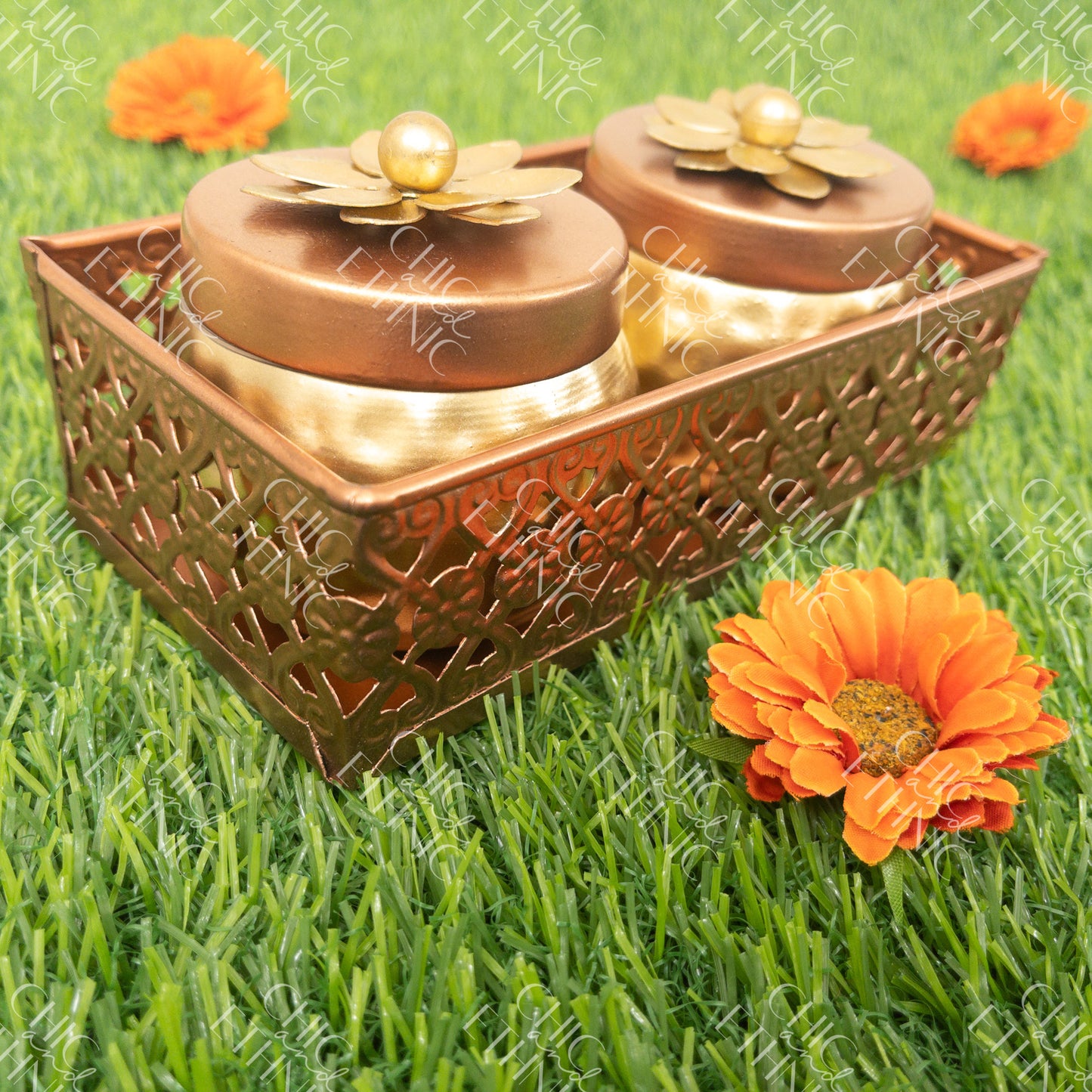 Two Containers & Rectangular Copper Tray Set