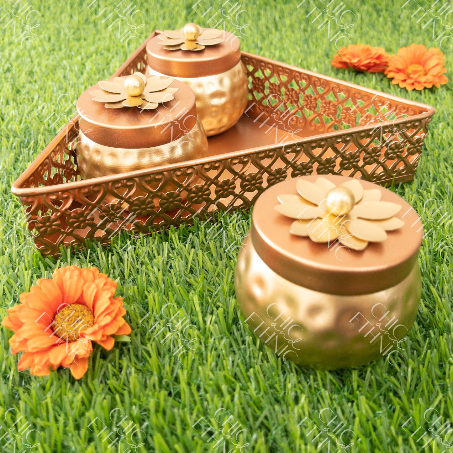 Three Containers & Triangular Copper Tray Set