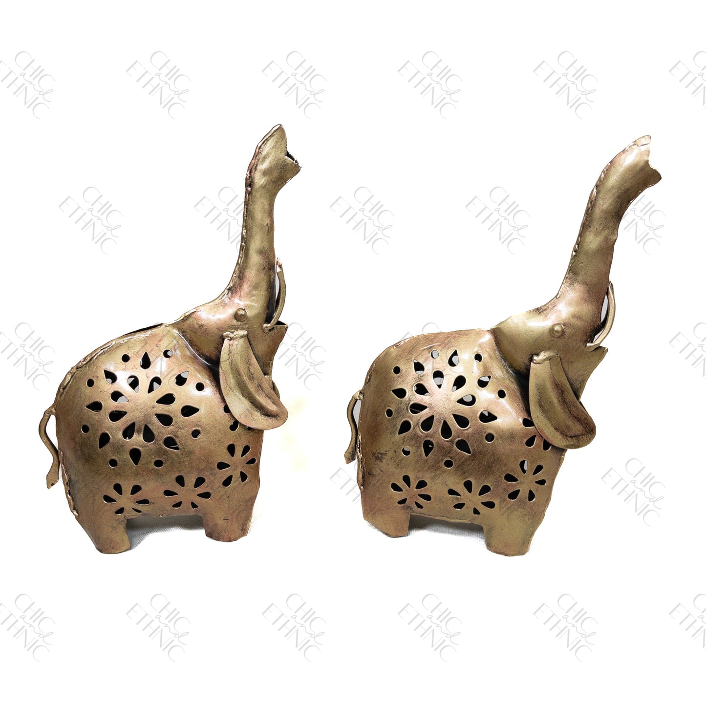 Carved Elephant Metal Tealight Holder Pair